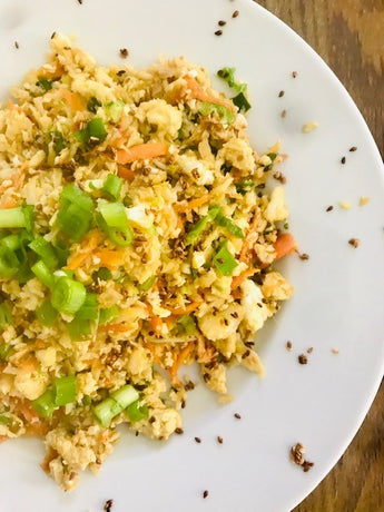 Cauliflower Fried Rice with Roasted Sesame & Honey Glazed Chicken.